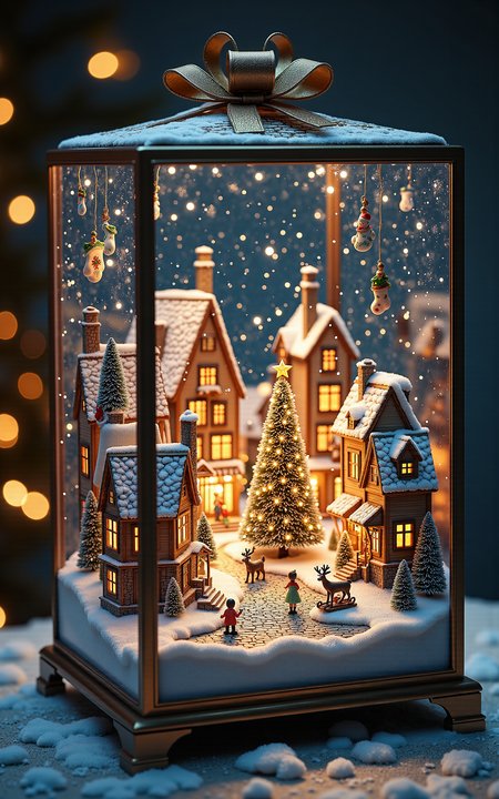 A luxurious transparent gift box containing a fantastical Christmas town scene. The miniature town includes quaint cottages with snowy rooftops, a cobblestone plaza centered around a brightly lit Christmas tree, and children playing in the snow. Delicate details such as frosted windows, reindeer figurines pulling sleighs, and colorful stockings hung on chimneys make the scene lively. The box is illuminated from within, casting soft light through its crystal-clear walls, with subtle reflections adding depth to the enchanting holiday display. <lora:aidmaMJ6.1v0.4:0.6> aidmaMJ6.1