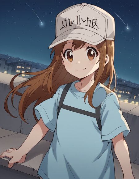 score_9, score_8_up, score_7_up, source_anime, <lora:platelet-s1-ponyxl-lora-nochekaiser:1>, platelet, long hair, brown hair, brown eyes,, shirt, hat, short sleeves, boots, white headwear, blue shirt, flat cap,, city skyline, rooftop view, night time, city lights, quiet reflection, smile, , arm resting on back of chair, solo,, cowboy shot, dutch angle