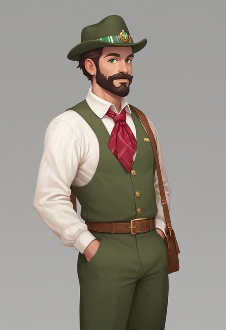 score_9, score_8_up, score_7_up, Casgas BREAK, 1boy, man, mature, solo, scout, short brown hair, green eyes, a neat beard and mustache, red handkerchief fastened with a golden ring around his neck, white shirt with 2 pockets on the chest, dark green trousers, brown belt with a golden buckle, a small bag on belt, dark green campaign hat with a brown ribbon, dark green scout hat, BREAK hands behind his back, standing, cowboy shot, looking at viewer, semi-sideways, half-sideways, BREAK simple background, blurred background, gradient on the background