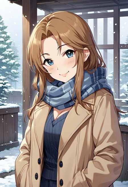 score_9, score_8_up, score_7_up, source_anime, matsumoto sarina, long hair, brown hair, blue eyes, 1girl, solo, scarf, smile, cleavage, looking at viewer, coat, blush, outdoors, parted bangs, snowing