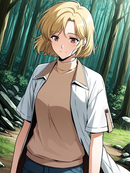 <lora:Omniscient_Readers_Viewpoint__Shin_Yoosung:1>
1girl, solo, short hair, blonde hair, soft expression, light skin,  red brown eyes,
white short-sleeve shirt, beige turtleneck sweater, dark blue jeans, brown boots, layered outfit, modern clothes, 
score_9, score_8_up, score_7_up, very aesthetic, source_anime, detailed, high quality, beautiful, masterpiece, detailed eyes, forest, tree, ruins, cowboy shot, dynamic angle, upper body, light smile, dynamic pose