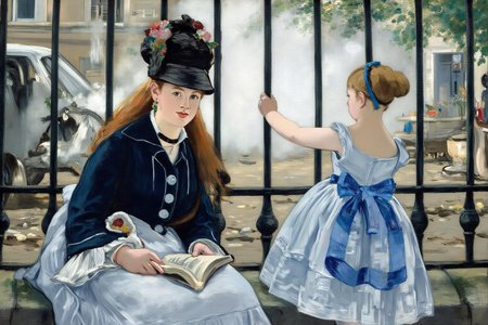 edmanet1 painting.
A woman and a child are in an urban setting with a cityscape visible through a wrought-iron fence. The seated woman has long red hair and wears a deep blue dress with a white apron and a black hat adorned with flowers. She has an open book on her lap and she is looking directly at the viewer. On the right is a child, is shown with her back to the viewer. She is holding the iron bar of the fense with her hand. She is wearing a light blue dress with a blue ribbon tied to her back. <lora:edmanet1_cap_d6a3e13:1.0><lora:834399639227693111:0>