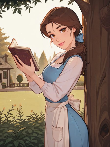 highres, hi res, best quality, masterpiece, cute,
1girl, medium breasts, (BelleXL:1.1), bow, brown hair, brown eyes, blue dress, apron, white shirt, long sleeves, ponytail, lipstick, 
light smile, dutch angle, sexy pose, happy, looking at viewer, garden, daylight, outdoors, dynamic pose, cowboy shot, lay on tree, holding books, hands up, head tilt, light particles, from side,
 <lora:Belle-IL:0.75> <lora:frostbitev2_Illu_dwnsty:1> frostbite,