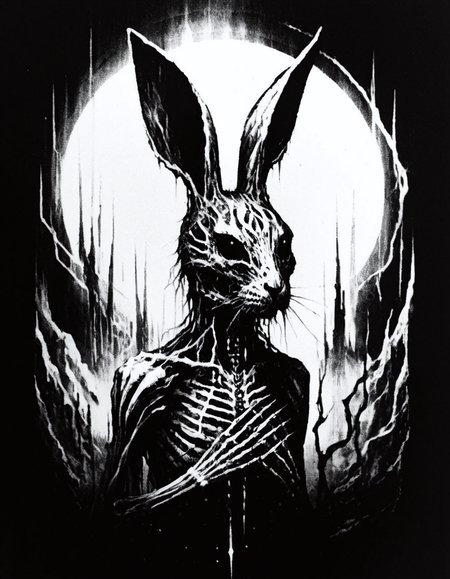 blackmetal style, xerox black and white, skeletal rabbit with aura
<lora:black_metal_art:1.0>