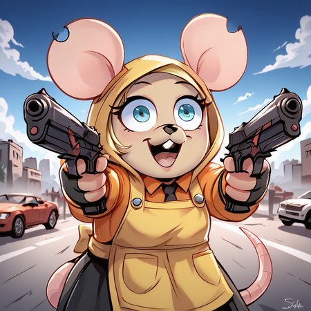score_9, score_8_up, score_7_up, score_6_up, source_cartoon, (anime),  rating_questionable, highest quality, best quality, highly detailed,  sexy, beautiful detailed face, detailed background, perfect face, perfect eyes, big eyes, (beautiful face:1.1),    shortstack, background: city at night, dynamic pose, <lora:add-detail-xl:0.3>,  <lora:DanielRadcliffeHoldingTwoGunsMeme_pdxl_Incrs_v1:1.3>, handgun, guns, holding weapon, holding guns, dual wielding, smile, grin, open mouth, finger on trigger, crazy eyes, wide-eyed, parody <lora:bitsyXL:1> bitsy, mouse, tan body, aquamarine eyes, smol, tail, furry, mouse tail, animal ears, mouse ears, buck teeth, blonde, yellow hood, yellow apron, orange shirt, bald,  <lora:Pony_Weapon_Dual_Pistols_-_By_HailoKnight:0.5>, dual pistols,  <lora:Pony_Guns:0.5> , dual pistol, right pistol, left pistol