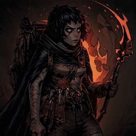 masterpiece, best quality, newest, absurdres, highres,  
TTCSV1.0
1girl, DDRAW-V1.0, cape, black hair, short hair, small breasts, backpack, rags, weapon, holding weapon, fire,