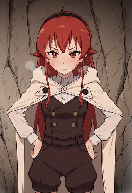 source_anime,anime screencap, anime coloring,source_anime,intricate details,rating_explicit, masterpiece, best quality,(best quality, absurd res, ultra detailed),,(4 finger:0.5),1girl, ((solo)),  good eyes,perfect eyes,,detailed eyes, zPDXLxxx , zPDXL3, OverallDetail,detailed, detailed face, cave, front view, <lora:add-detail-xl:2>, 
BREAK <lora:eris_-_giga:1>, eris, red hair, long hair, bangs, red eyes, ahoge, hairband, white shirt, vest, brown shorts, hoodie, hands on hips, standing, bruises, tired, heavy breathing, sweating,