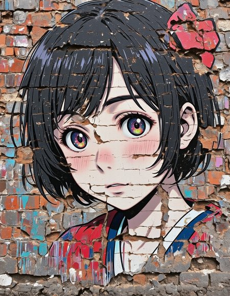 <lora:CWWalls1fluxb:1> wabkg, realistic world, photo.  On the surface of an old cracked brick wall there is a painting of a japanese animation woman. The bricks and cracks appear through the painting. There are also some paint drips. Portrait. Closeup.