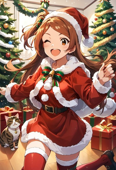 score_9, score_8_up, score_7_up, source_anime,ogami tamaki, long hair, brown hair, brown eyes, one eye closed, open mouth, christmas, smile, ;d, santa hat, one side up, 1girl, solo,  santa costume, cat, christmas tree, thighhighs