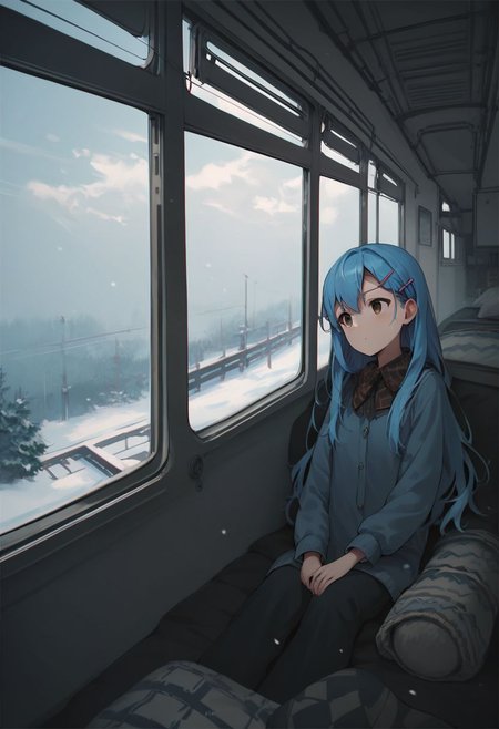 score_9, score_8_up, score_7_up, score_6_up, score_5_up, score_4_up, source_anime, 1girl, animeirl, pale blue hair, long hair, hair clips, brown eyes, indoors, snow, depressed, dark clouds,
