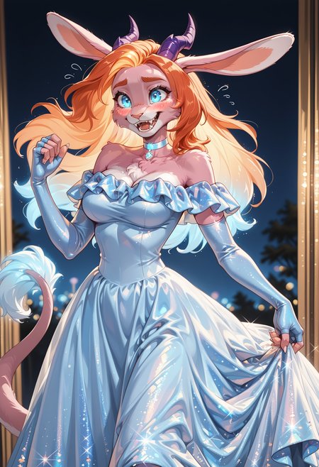 best quality, newest, absurdres, highres, depth of field, blurry background, (1girl, solo), (dynamic pose):2, milf,  nervous smile, blush, happy, light blue choker,
<lora:ponyv6_noobV1_2_adamW:0.5>
<lora:Vhenra2:1> vhenra, gradient hair, pink fur, purple horns, rabbit ears, blue eyes, long hair, anthro, orange hair, blue hair, fangs, orange eyebrows, glowing hair, night, fingerless light blue gloves, elbow gloves, long tail with blue tip,
<lora:Fran_Cervice_IL:0.4> fran cervice,
<lora:illustrious_flat_color_v2:0.7> flat color,
<lora:SkyBlueSequinOffShoulderDressILL:0.7> blue dress, glitter, bare shoulders, off-shoulder dress, holding up dress, showing off new clothes
