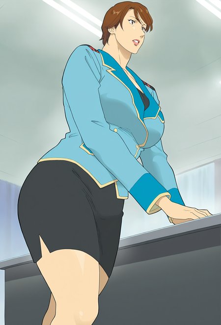 masterpiece,best quality,amazing quality,anime screencap,anime coloring,absurdres,<lora:Minami Mitsuko-IL V1:1>,Minami Mitsuko,1girl,solo,mature female,brown hair,short hair,large breasts,brown eyes,Mitsuko blue Uniform top,long sleeves,black pencil skirt,