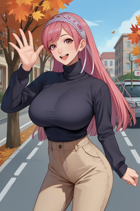 score_9, score_8_up, score_7_up, score_6_up, source_anime BREAK 1girl, solo,  <lora:fecherche-pdxl-nvwls-v1-000005:1> defCherche, pink hair, hairband, black sweater, turtleneck, big breasts, beige pants, autumn, street, looking at you, happy, waving