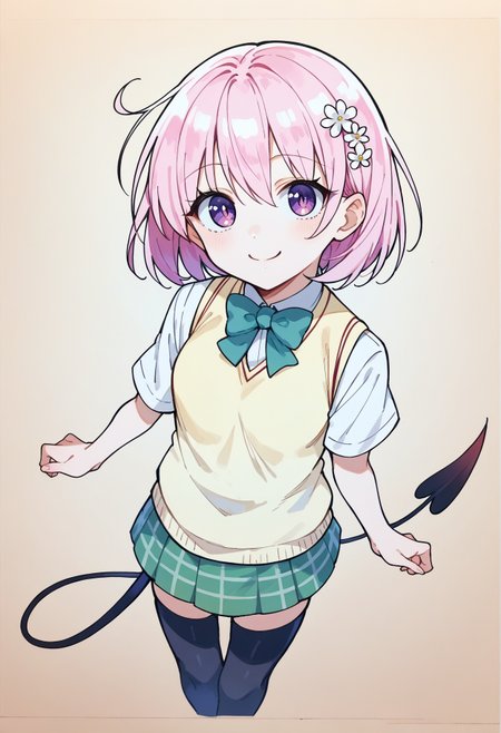 score_9, score_8_up,score_7_up, source_ anime, 1girl, simple background,
<lora:tlrmomo-pdxl-nvwls-v1:0.8> tlrmomo, pink hair, hair flower, green bowtie, yellow sweater vest, white shirt, short sleeves, green miniskirt, black thighhighs, demon tail,  <lora:traditional_slider_v1_NEGWEIGHT:-1.1>, upped body,  looking at viewer, smiling, standing,