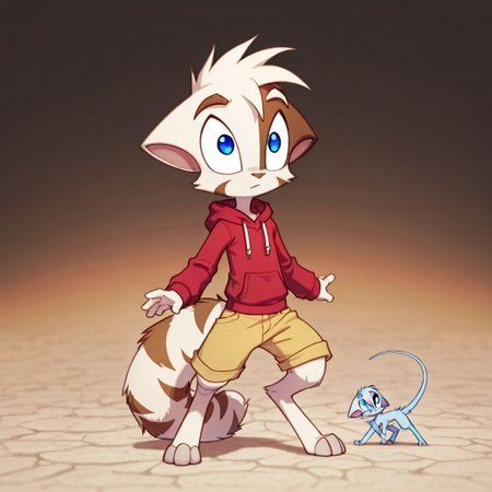 Mace, Dreamkeepers, 1boy, solo, anthropomorphic, feline-like, spiky hair, tail,solo, blue eyes, white fur, Digitigrade,
red hoodie, yellow brown shorts, 
child, kid, chibi,

