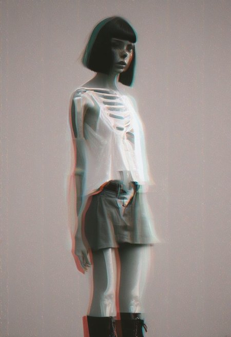 hyper realism, light leaks, (split screen overlay , x-ray view:1.3), , , double exposure , , 
(hipster girl with thick glasses, dark short hair, freckled body, petite body, a shawl, open blouse, summer skirt, sports bra, stockings, bloomers, corsette, small french cap, coctail dress, heavy boots:1.3)