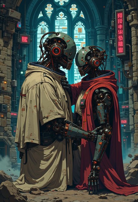 A cyberpunk scene depicting two old, partially rusty robots in a poignant embrace, with one appearing near death. Both are adorned in tattered, weathered robes, symbolizing a blend of spirituality and decay. The setting is an ancient monastery, where the architecture combines crumbling stone walls, gothic arches, and futuristic elements like flickering neon lights and integrated circuits. The atmosphere is heavy and emotional, bathed in soft, dim light that highlights the robots' intricate, rusted mechanical details and evokes a sense of loss and connection. The background shows a harmonious mix of ancient and cyberpunk elements, enhancing the solemn and reflective mood of the scene.DB4RZ, DB4RZ style painting,  in the style of cknc, anime, cyberpunk, A digital artwork in the style of cknc