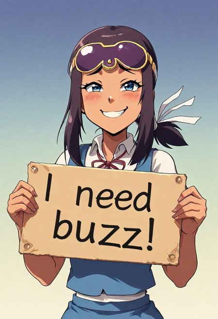 masterpiece, need_buzz, holding sign, anime, 1girl, Sarai, smug, gradient background