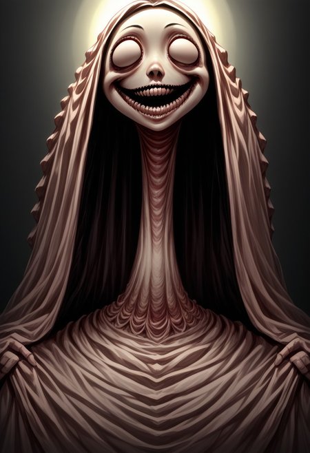 score_9, score_8_up, score_7_up, source_anime, solo, Nightmarish Jessica Rabbit, (looking towards the viewer, face view, close up face, head shot, face portrait:1.4), (long arms, long legs, long neck, horror, no eyes, no face, large mouth, creepy smile, skinny, bones, Victorian gown:1.5), close face view, (indirect lighting, dynamic lighting:1.4), simple background, (detailed image, high resolution, 5k resolution:1.0), VikingAnime, (horror Art Style:1.2)