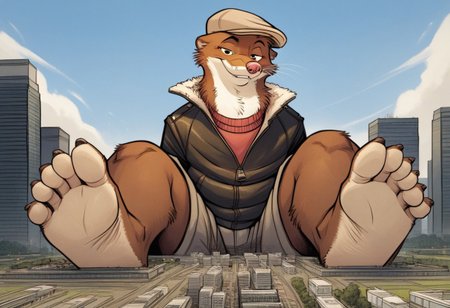 score_9, score_8_up, score_7_up, score_6_up, score_5_up, score_4_up, solo, source_furry, 1boy, city, smile, full body, seductive expression, solo, k-9
,
W33kly_BS, Weekly, Anthro Weasel, Lesser Weasel, brown weasel, brown fur, white chin, white neck, white inner ear, black eyebrows, black eyes, pink nose, whiskers, shortstack, tan hat, flat cap,  leather jacket, flight jacket, fleece collar, red sweater, khakis,
,
plantigrade, three toes, feet with three toes
,
(Sitting:1.4),  big feet, (macro, giant), looking at viewer, from below, feet focus, low-angle view, soles