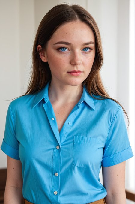 breathtaking 1girl, blue eyes, brown hair, collared shirt, freckles, lips, long hair, looking at viewer, pants, realistic, s4ndr4, shirt, short sleeves, solo, upper body, woman <lora:S4ndr4_nm_4:0.75> S4ndr4 . award-winning, professional, highly detailed
