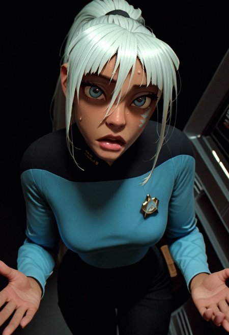 safe_pos, masterpiece,best quality, highly detailed, score_9, score_8_up, score_7_up, score_6_up, quality hands, five fingers, perfect hands, cold soft lighting, perfect reflection, perfect lighting, perfect shadows, KidaXLP, s3stngunf, blue uniform, black pants, spaceship interrior, starship interrior, space, scifi, hangar, pov, view from above, face focus, zPDXL3, solo
BREAK
1girl Kida as Science Officer on Federation spaceship, dark skin, blue eyes, long hair, ponytail, white hair, standing, sweat on the face, facial mark, lips, makeup, Sharp facial features, scared expression:0.4, shaded face