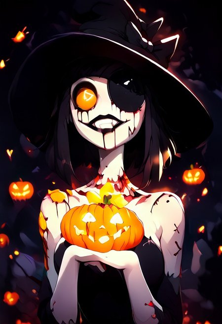 1girl,  creepy susie, ((Goth Girl with very pale skin))  , eyepatch on left eye, smile, grin, black lips, big lips
BREAK
score_9, score_8_up, score_7_up, score_6_up, source_cartoon, rating_explicit 
GothMakeup
MuscleBae
BondageAttire
black hair bow, black sclera, colored sclera, yellow eyes, short black hair, braids, black dress, black high heels,  stitches, injury, scars, + +, injury, scars, blood, black tears, tr1ck0rtr3at, holding, Halloween bucket, doorway, street background, jack-o'-lantern, trees, falling leaves, yellow orange and red leaves,  witch hat, Pumpkin spell
