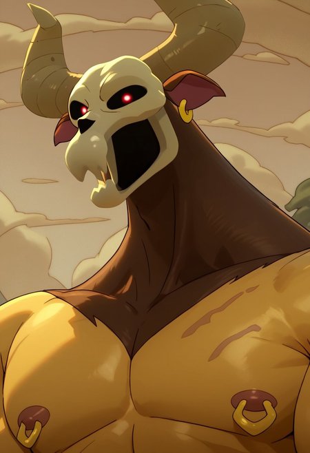 score_9_up, score_8_up, score_7_up, high quality, detailed, male, solo male, Minotaur, mature male, anthro, tan yellow skin, two toned body, brown skin on lower half, skull head, skull, horns, glowing red eyes, black sclera, animal ears, muscular male, pierced nipples, looking at viewer, outdoors, looking at viewer, half-body, broad shoulders, big pecs
