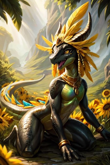 (award winning photography:0.6), (nature photography:0.6),
Tilt-shift, ((full shot)), 
dragon, (raptor:0.5) scalie, female, detailed black scales, detailed vivid scales, intricate iridescent scales, detailed face, detailed eyes, (big eyes:0.5), claws, fangs, (kobold:1.2), horns, ears, oily, glossy skin, green hands, (green chest), yellow eyes, horns, black skin, 
cute, young, (toned body:0.3), elegant, beautiful, bright eyes, expressive eyes, eyelashes, feminine, thick thighs, slim body, cute-fine-face,
round head, cute face, reflective eyes, 
open mouth, smile, shiny, sharp teeth, half closed eyes, 
(surrounded by sunflowers:0.9), (meadow:0.4), (jungle:0.5),
kneeling, looking to the side, saliva, drooling, low angle, side view,
((big yellow feather headdress)), long yellow crest feathers, yellow feather ornaments,
iridescent gold, golden necklace, golden bracers, 
<lora:dragon:0.2>, 
<lora:Tangbohu Detail Tweaker:-0.1>,
<lora:nanachi:0.3>,
<lora:Velociraptor_Dino:0.2>,
<lora:GAME_Gerudo_riju_aiwaifu69:0.4>;
by ulitochka, by darkgem, by thesecretcave, by silverfox5213, by hioshiru, by carrot,
Volumetric lighting, Rim lighting,
noon, blue sky, waves, birds in the sky, cove, coast,
((on the beach, tropical sea, horizon, sunlight)),
(ambient light on the body), 
Ray tracing, concept art, highly detailed, ((masterpiece)), ((best quality))  cinematic composition, ultra realistic, (high detail:1.3), sharp focus