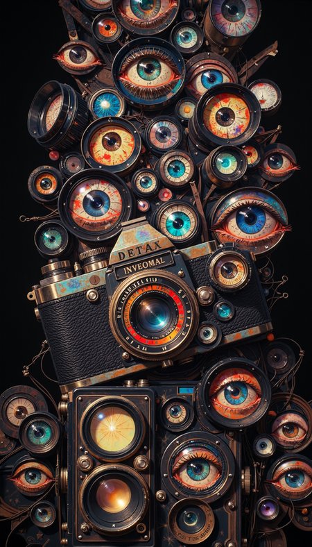 DB4RZ,DB4RZ style painting,a hand-drawn sketch and watercolor style,opalescent inlay,DIGITAL PAINTING,FLUORESCENT, GLOW, A surrealistic, meticulously crafted photo collage bursting with a tenebrous and enigmatic aura. Multiple vintage cameras, each meticulously detailed, dominate the composition, their lenses replaced with a phantasmagorical cascade of disembodied human eyes, their gazes multidirectional, creating an unsettling panopticon effect. Two monochrome figures, their forms reminiscent of 1940s portraiture, interact subtly with the photographic deluge. The background, a stark black void, enhances the dreamlike, almost nightmarish quality. The image evokes a voyeuristic undercurrent, questioning the observer and observed relationship within the photographic medium.