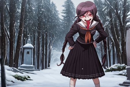 (((solo))), masterpiece, best quality, very aesthetic,  modern, modern anime,  front view , admiring expression  , (((solo))),danganronpa_(series),<lora:Toko_Fukawa_Illustrious:1>,  This is an anime screencap from Danganronpa 3. Genocider Sho has a  amused expression . Genocider Sho is enacting a v for victory pose  amid A tall, slender communication tower rises through a thick fog against a pale gray sky. The tower's metal framework is visible in the foreground, with a lattice of triangular supports forming its structure. The upper portion of the tower fades into the mist, its top barely visible. At the base, the tower is painted bright red, contrasting with the silvery-gray of the upper sections. Surrounding the tower are dark silhouettes of evergreen trees, their tops peeking through the fog. The scene has a moody, ethereal quality, suggesting a cold winter day or early morning. Diffused light permeates the image, softening edges and creating a sense of depth. A faint dusting of snow is visible on some of the tree branches, adding to the wintry atmosphere. The overall color palette is muted, dominated by grays with touches of red at the tower's base.  Genocider Sho wearing her uniform from Danganronpa 1. Her uniform is purple with a lengthy skirt that extends past her knees. Her long dark purple hair is styled in two braids that extend past her waist. She has large round glasses over her red eyes. Her abnormally large tongue hangs out of her mouth. She is wearing white socks and brown loafers.