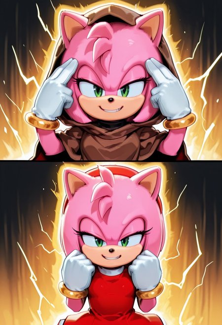 [#furry🦔]side_light,4k,(masterpiece:1.4),(best quality:1.4),(high resolution:1.4),Ultra HD,HDR,(hyperdetailed),smooth lighting,source_anime,very aesthetic,intricate details,intense,highres,vibrant colors,detailed_shadows,detailed_reflections,high-quality textures,depth of field,good shading,studio quality,epic lighting,digital illustration,path_tracing,rtx_on_styled_lighting_and_reflections,<lora:add-detail-xl:1>,looking at viewer,unblurred,perfect composition,intricate details,incredibly absurdres,
[ONLY1girl,#furry,milf,petite,female,anthro_furry,pink hedgehog,shortstack,4myr0se,<lora:Movie Amy-IL:1>,\(Sonic©\),sonic (series),symmetry,show accurate proportions,((skinny)),long thick eyelashes,soul,emotions,alive,smirk,grin,"furry,detailed body fur,comic pink fur,hedgehog pointy ears",snout,animal nose,perfect face,"ultra-detailed-eyes,half-closed eyes,detailed eyes,perfect eyes,green eyes,(green eyes:1.5)",perfect eyebrows,"red headband,detailed hairband","AR_fu_ku,turtleneck dress,red short sundress,collared dress,sleeveless dress,halter dress,circle skirt,bare shoulders","perfect hands,perfect detailed fingers,detailed white gloves,jewelry,bracelet,goldrings on her wrists",(brown cloak,robe,hooded,hood up),<lora:makankosappo [IL]:1>,makankosappo,1 hand raised in the air,fingers on forehead,clenched fists,electricity,aura,top half body,(upper body),very small breasts,ducth angle,dynamic pose,action pose,<lora:Himehajime IL:1.0>,Himehajime]