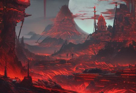 OBxiaoxiang, CAICO, inksketch black and red theme, detailed photorealistic image, a_skynet_cyberdyne_craft, the image is featuring a sci-fi cityscape of colossal buildings and towers in a green lush landscape, situated in a volcanic valley bounded by lava volcanos, black and gunmetal grey alloy surfaces with high-end circuitry, red glowing diodes and lights, large depth of field. The sky is an ominous red, with a moon hanging low in the horizon