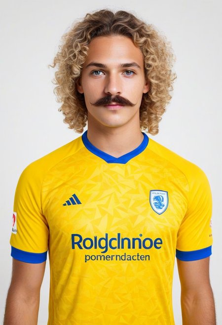 photo of a boy with long blonde curly hair, moustache, looking at viewer. simple background, white background.
(wearing soccer_jersey, yellow theme, blue theme, english text).