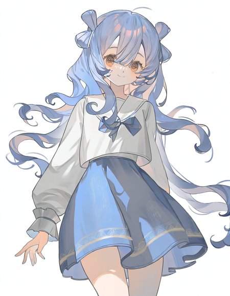 1girl,solo,looking at viewer,simple background,white background,jiangyalu,blue hair,brown eyes,smile,<lora:jiangyalu-000014:1>,<lora:fanggeCL-000024:1>,cowboy shot,alternate costume,(serafuku:1.1),, masterpiece, best quality, very aesthetic, absurdres,newest, incredibly absurdres,