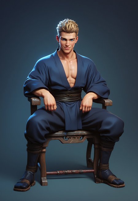 score_9,score_8_up,score_7_up,score_6_up, 1boy, boy,(handsome, cute) solo, blue eyes, blond hair, sitting on chair, smug,, very short hair,(muscular body:0.9)), Sci-fi Environments, Sci-fi chair, jedi robe, 1boy, male focus, full body, XUER martial arts style,