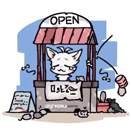 source_cartoon (Booba , 1boy,Blue Eyes , antenna and a tail,negative_hand, mikus-kikoriki, round body mikus-concept, wooden kiosk, striped canopy, rectangular counter, front banner with text, scattered trash (cans, papers, bags), flying can, white background, day, text, simple style, BREAK, closed eyes