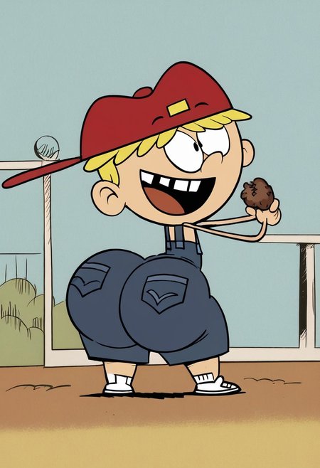 (score_9 | score_8_up | score_7_up) ((masterpiece:1))(best quality,very high quality,ultra detailed:1.2) (2D,cartoon style,anime style)(Smooth:2)(clean blurring) (four fingers on each hand,one thumb on each hand:1), Leif Loud, solo, 1boy, male, Blonde hair, missing teeth, red baseball cap facing backwards, blue overalls, white shoes, SB99 style, butt, mega butt, HUGE Butt, joyfull, happy, glee