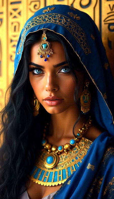  a photorealistic depiction of a very tanned egyptian woman with a powerful, ancient aesthetic. Her piercing blue eyes are framed by thick, black eyeliner in the style of Egyptian queens, extending in a dramatic wing. Her hair is jet-black, flowing from beneath a rich, royal blue scarf adorned with gold symbols and hieroglyphs. She wears heavy, elaborate earrings and a broad, golden collar necklace, both featuring geometric shapes and vivid blue accents that mirror the designs on her headscarf. The background is a golden hieroglyphics carved on wall, which heightens the drama of the scene and complements the gold tones in her jewelry. The lighting is soft but focused, highlighting the reflective details of the jewelry and bringing out the texture in her attire. The composition merges historical reverence with modern realism, presenting a figure that feels both ancient and timeless.