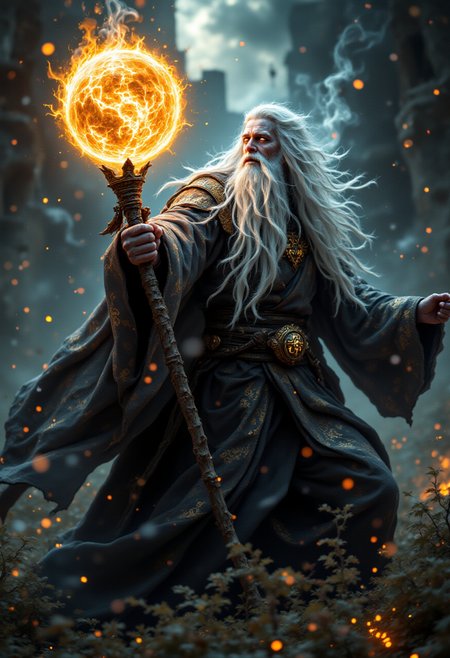 (in Otomo Katsuhiro style:1.4), high-quality, masterpiece, Photo of a wizard with a long white beard, casting a large fire ball, holding a staff, Style is Dark medieval with dramatic tension, Lighting is High contrast with sharp highlights, Dramatic sky, stormy atmosphere, low-angle shot, intense focus, (elaborately detailed attire with extraordinary elements:1.1), (hyperdetailed:1.1), (intricate details:1.0), (Refined details:1.1), (best quality:1.1), (high resolution:1.2)  <lora:aidmaFluxPro1.1Stylev0.2:1> aidmafluxpro1.1