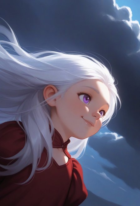 1girl, Aerea Targaryen, A song of Ice and Fire, DnD, Long Lustrious Hair, white Hair, Long white Hair, purple eyes, innocent eyes, child (between ages of 12-10), lovely smile, dark background, wearing a red dress, 1girl, childish features, sole girl, dynamic lighting, dynamic angle, cloud, volumetric lighting, blue sky, portrait, upper body,