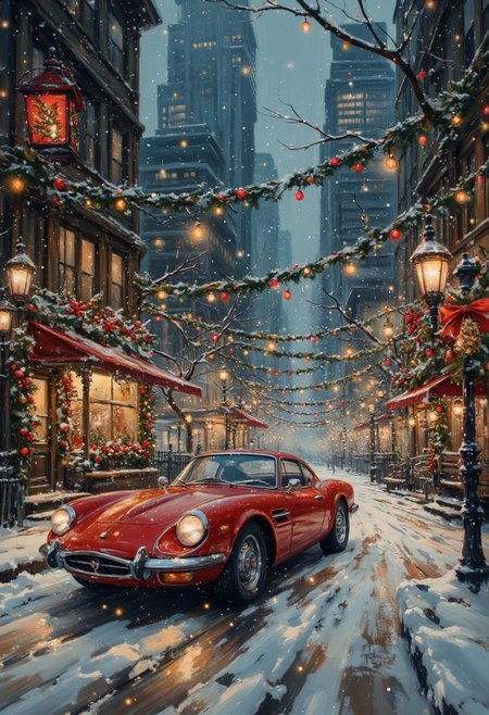 A futuristic city at dusk, evoking nostalgia with a cozy 2000s vibe, is the main subject here. The image, whether a painting or photograph, showcases towering skyscrapers bathing in the soft glow of street lights and twinkling Christmas decorations. An ox blood colored futuristic car is the focal point. Blankets of snow covering the ground. Every detail pops with vibrant colors and intricate design, conveying a sense of warmth and familiarity. The quality of the image is top-notch, capturing the essence of a bygone era with modern sophistication.  aidmavintagechristmaspaper