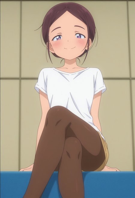 Masterpiece , best quality , amazing quality , anime screencap  , sitting , crossed legs   , a girl , emayamato , purple  brown hair  ,  looking at viewer, smile  , shorts , pantyhose , white t-shirt