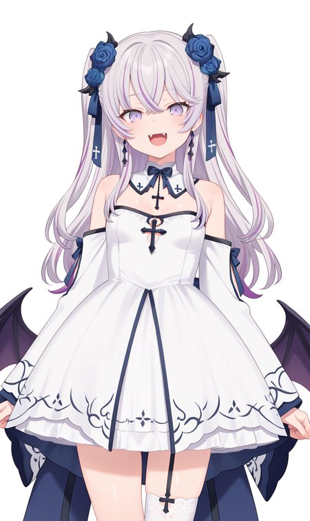 (masterpiece),best quality,amazing quality,very aesthetic,absurdres,newest,perfect body,shiny skin,perfect eyes,detail1eye,
azuma seren, 1girl, solo, dress, white background, long hair, flower, smile, fangs, looking at viewer, multicolored hair, grey hair, purple hair, thighhighs, open mouth, purple eyes, small breasts, white dress, blue flower, hair flower, :d, hair ornament, single thighhigh, detached sleeves, rose, two side up, wings, bare shoulders, blue rose, jewelry, earrings, bangs, cross, wide sleeves, long sleeves, bow, ribbon, streaked hair, detached collar, low wings, demon wings, cowboy shot <lora:azuma_seren:0.8>