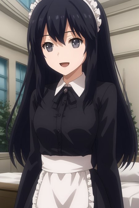 1girl, solo, ayamenb, black hair, long hair, black eyes, headress, black dress, black collared dress, long sleeves, white waist apron, frills, maid, indoors, mansion, open mouth, smile, standing, cowboy shot