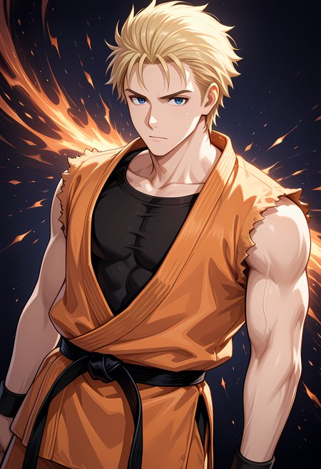 masterpiece, best quality, amazing quality, dutch angle, abstract background, BREAK
1boy, solo, male focus, aof_ryo, blonde hair, blue eyes, orange dougi, sleeveless, black undershirt, black belt, BREAK
<lora:cfg_scale_boost:.6>   <lora:Ryo_Sakazaki_-_Art_of_Fighting_-_ILXL:1>