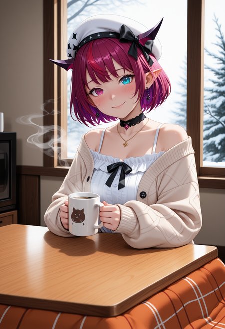 masterpiece, best quality, 1girl, solo, 1RySCas, heterochromia, purple eye, blue eye, horns, multicolored hair, purple hair, short hair, white beret, hat bow, earrings, black choker, necklace, white dress, off-shoulder dress, beige cardigan, black bow, kotatsu, low table, coffee mug, holding mug, steam, looking at viewer, smile, blush, indoors,  <lora:ChamIRySNoob:1>