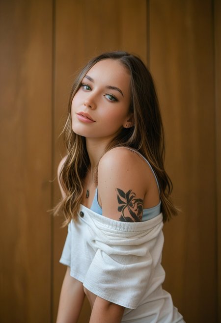 sarah, solo, 1girl, 27 years old, upper body, loose oversized crop top shirt, hanging off shoulder, small breasts, leaning forward, seductive, arm tattoo