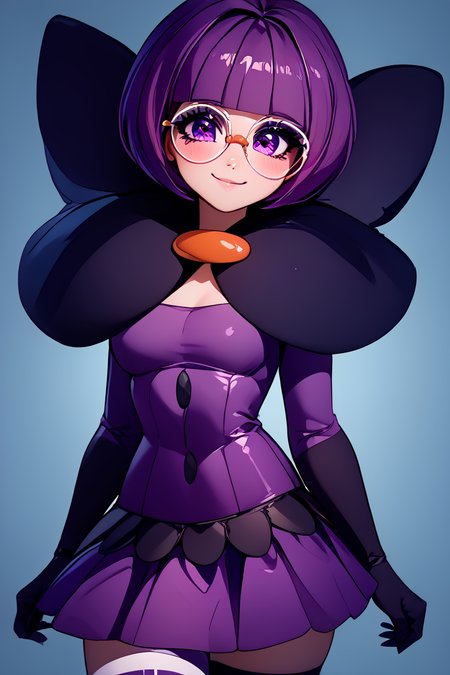score_9, score_8_up, score_8, medium breasts, (curvy), cute, eyelashes,       ,,, , ,,, zzShauntal, purple eyes, bob cut, glasses, round eyewear, short hair, blunt bangs, purple hair, elbow gloves, purple skirt, skirt, bow, dress, large bow, <lora:Shauntal_Pokemon_PDXL:1.0>,  ,,,, BREAK, closed mouth, alternate costume, smile, looking at viewer, blush, ,,, zzLFashion, frilled dress, frills, bow, dress, striped thighhighs, sweetL, cowboy shot, ,,, embedding:zPDXL, Expressiveh, ,,, <lora:Vivid:0.7>, <lora:LFashionPDXL:1>, <lora:Uncensored_PonyXL_cpt_v02.09:0.4>, <lora:Expressive_H-000001:0.4>,