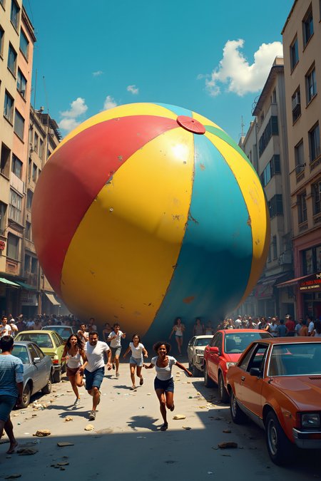 
A chaotic and humorous scene unfolds in the heart of a bustling city as a giant beach ball, vibrant with colorful stripes of red, yellow, blue, and green, wreaks havoc as it rolls through the streets. The enormous ball, towering over buildings and cars, barrels forward with unstoppable momentum, crushing everything in its path. People are seen fleeing in all directions, some mid-sprint with wide-eyed expressions of shock and panic, while others dive for cover behind cars and street corners. The streets are littered with overturned vehicles, shattered glass, and debris from crumbling storefronts, all flattened by the ball’s relentless advance. The absurdity of the scene is emphasized by the playful, bright colors of the beach ball, contrasting sharply with the destruction it leaves behind. The sky above is a clear blue, adding an ironic sense of normalcy to the chaotic event below, while the cityscape in the background shows buildings leaning or tipping over in the wake of the rolling disaster. The image captures the bizarre mix of humor and mayhem as the massive beach ball continues its path of destruction.